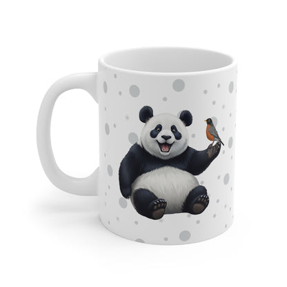 Panda Bear Mug with American Robin for Animal Lovers & Bird Watchers 11oz