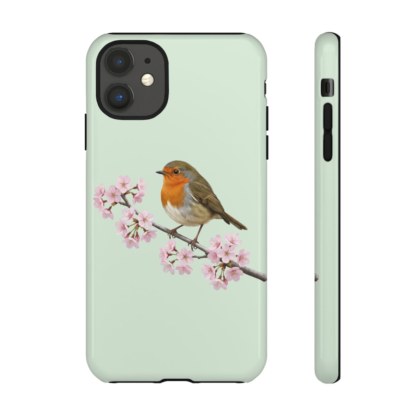 Rotkehlchen Handyhülle in Salbeigrün | Florales Kirschblüten Vogel-Motiv für iPhone & Google Pixel