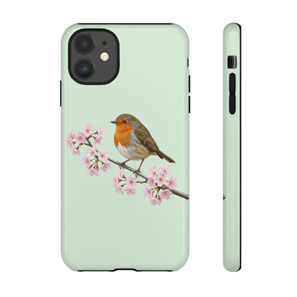 Rotkehlchen Handyhülle in Salbeigrün | Florales Kirschblüten Vogel-Motiv für iPhone & Google Pixel