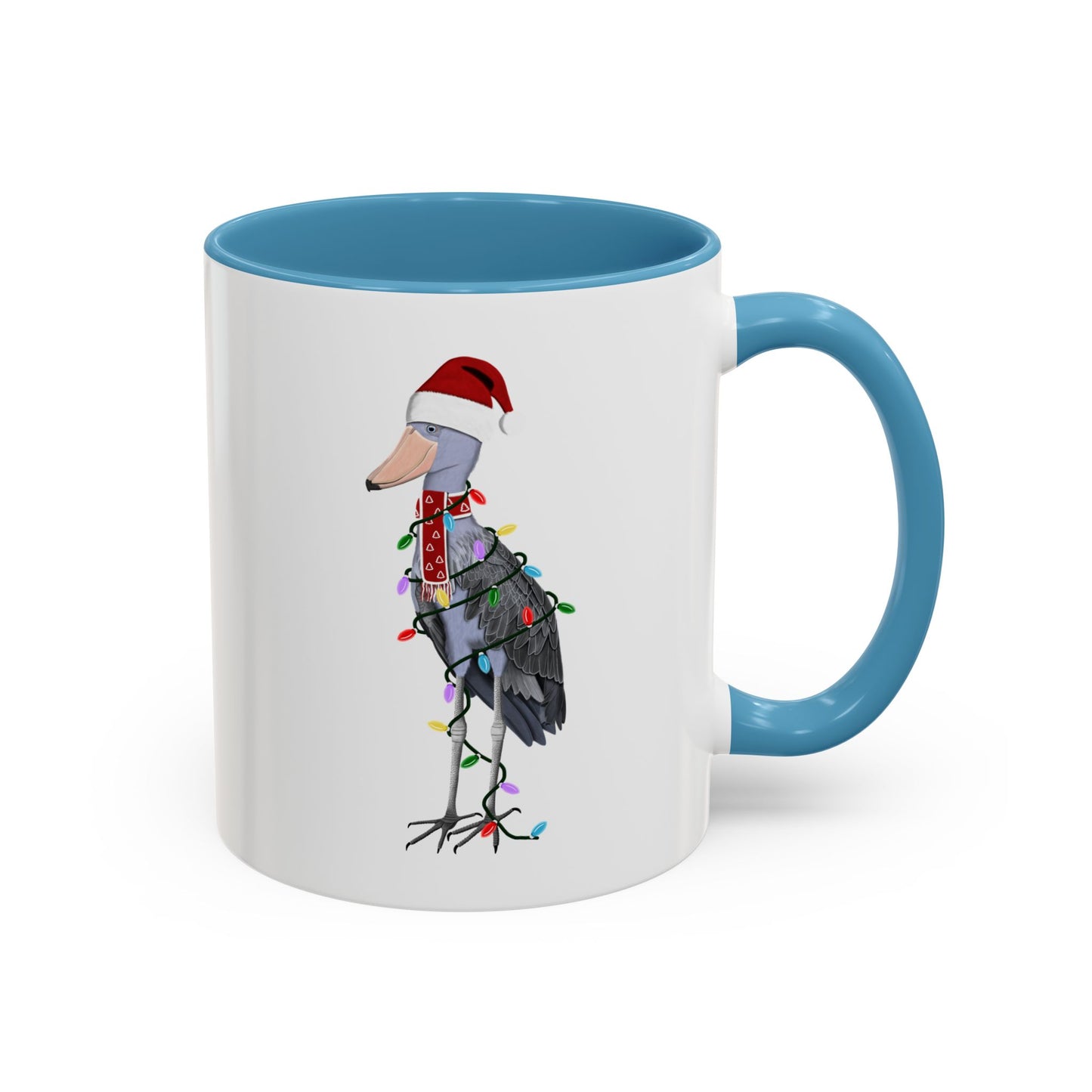 サンタクロースのハシビロコウとフェアリーライトの陶器製バードコーヒーマグ – バードウォッチャーへのカスタムギフト