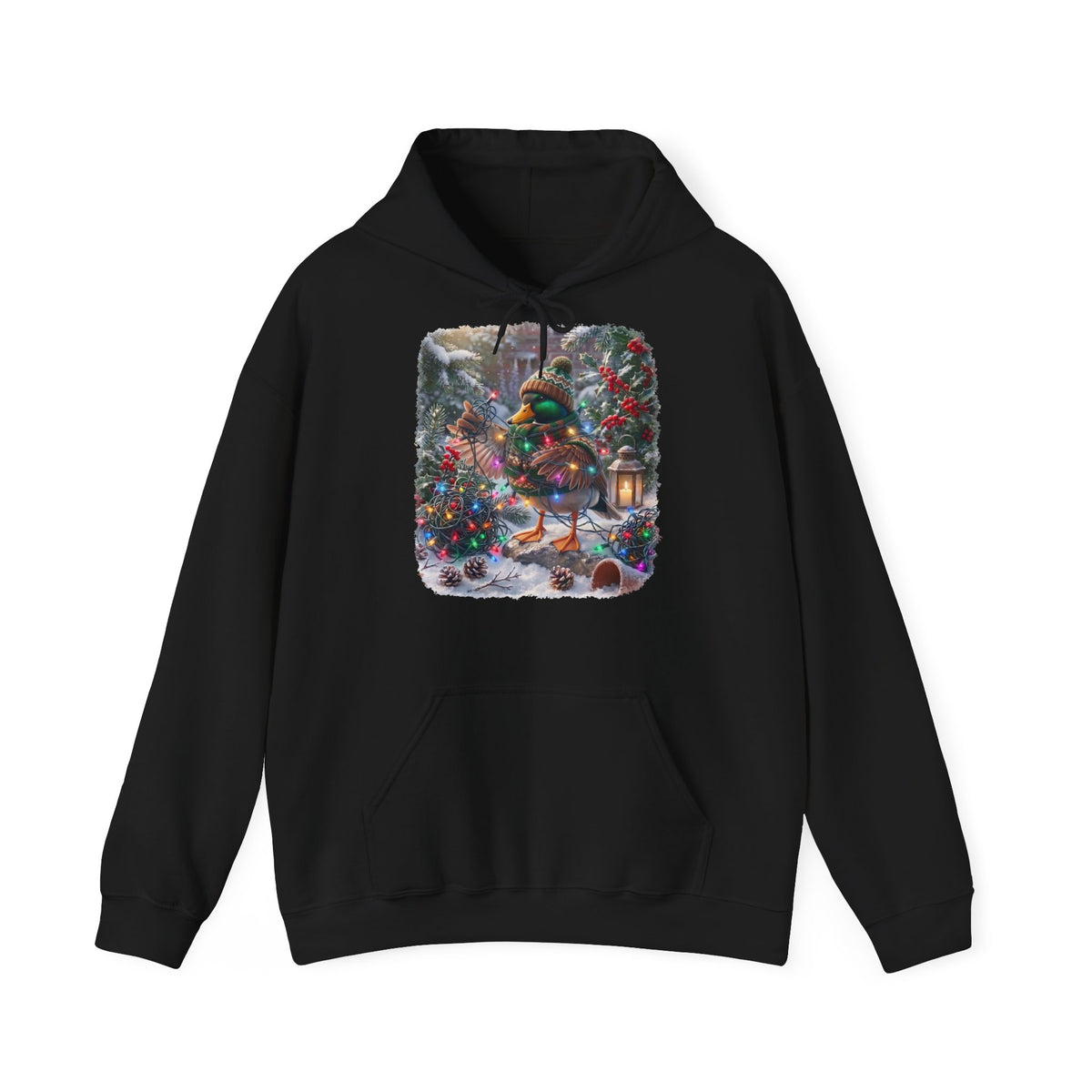 Premium Hoodie Ente und die Lichterkette im winterlichen Garten für Vogelbeoachter