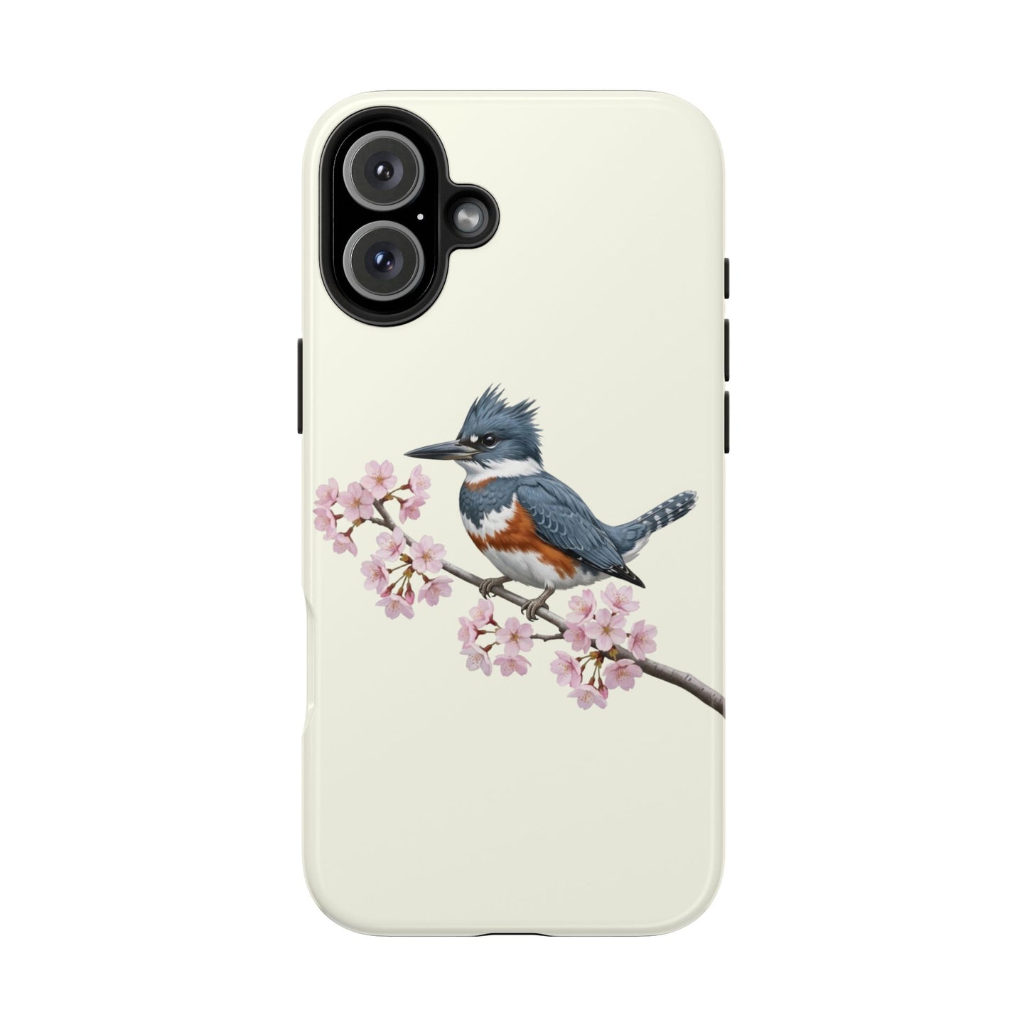 Belted Kingfisher & Cherry Blossom Tough iPhone Case Creamy White