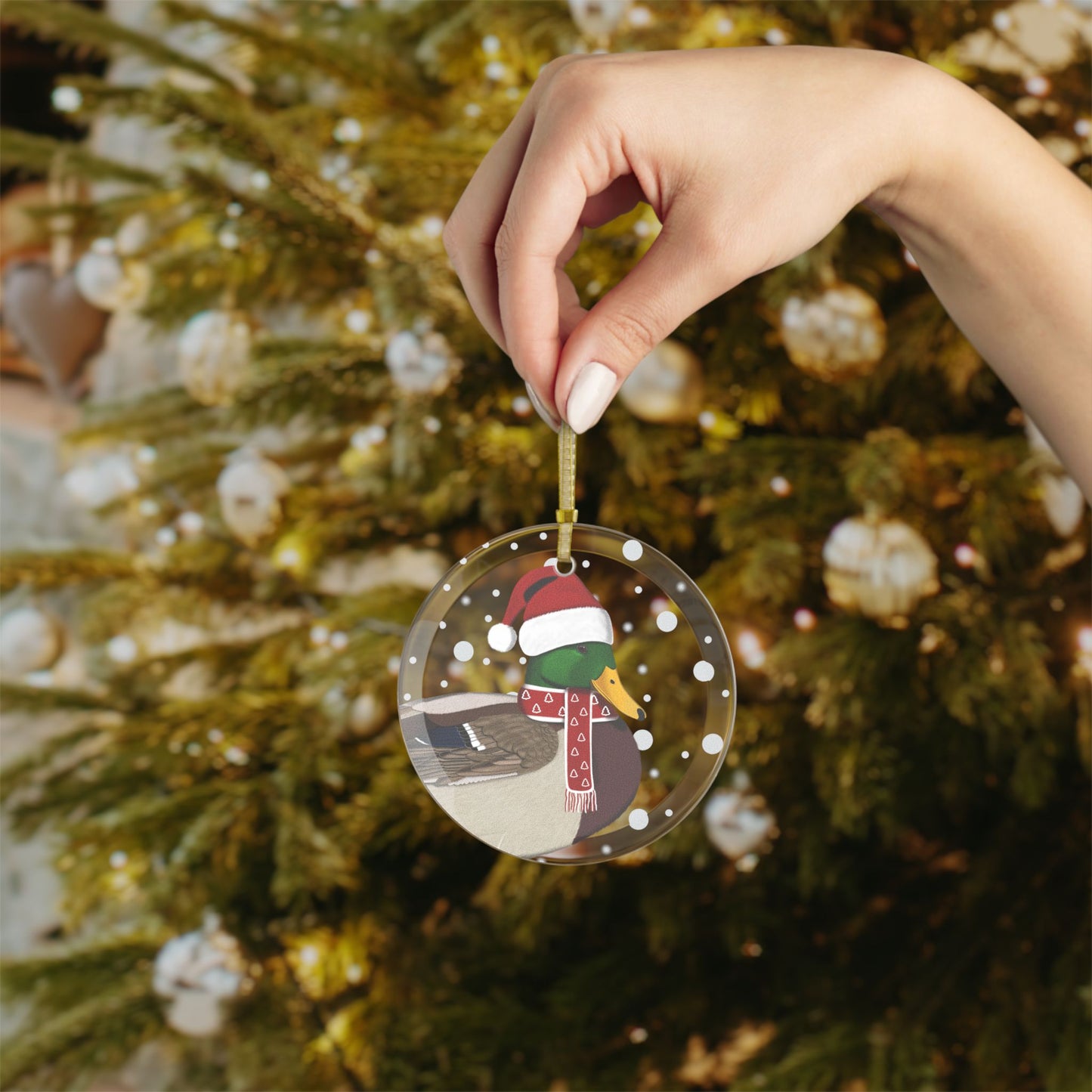 Mallard as Santa Claus Christmas Bird Glass Ornament Transparent