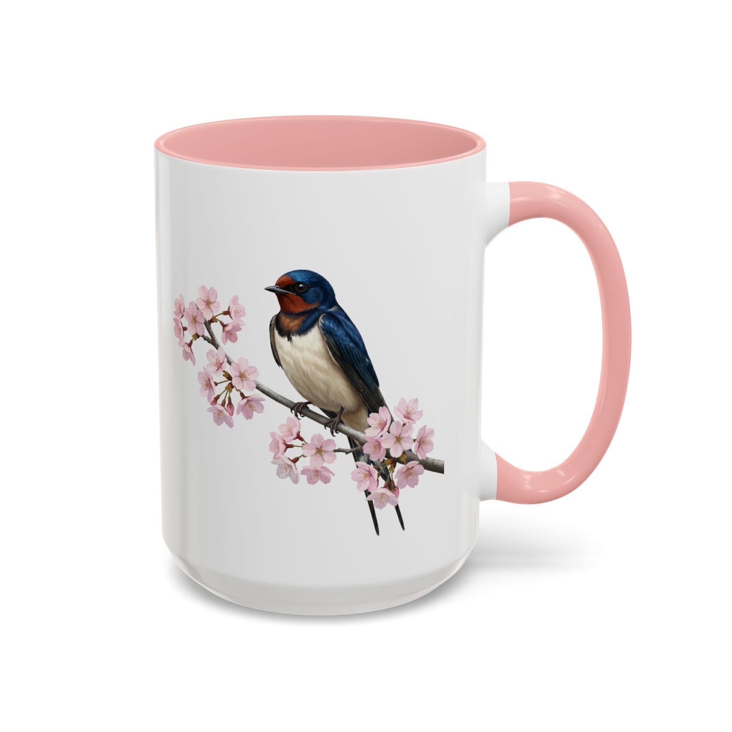 Barn Swallow Cherry Blossom Mug | Pink Ceramic Coffee Cup for Bird Lovers