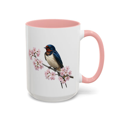 Barn Swallow Cherry Blossom Mug | Pink Ceramic Coffee Cup for Bird Lovers