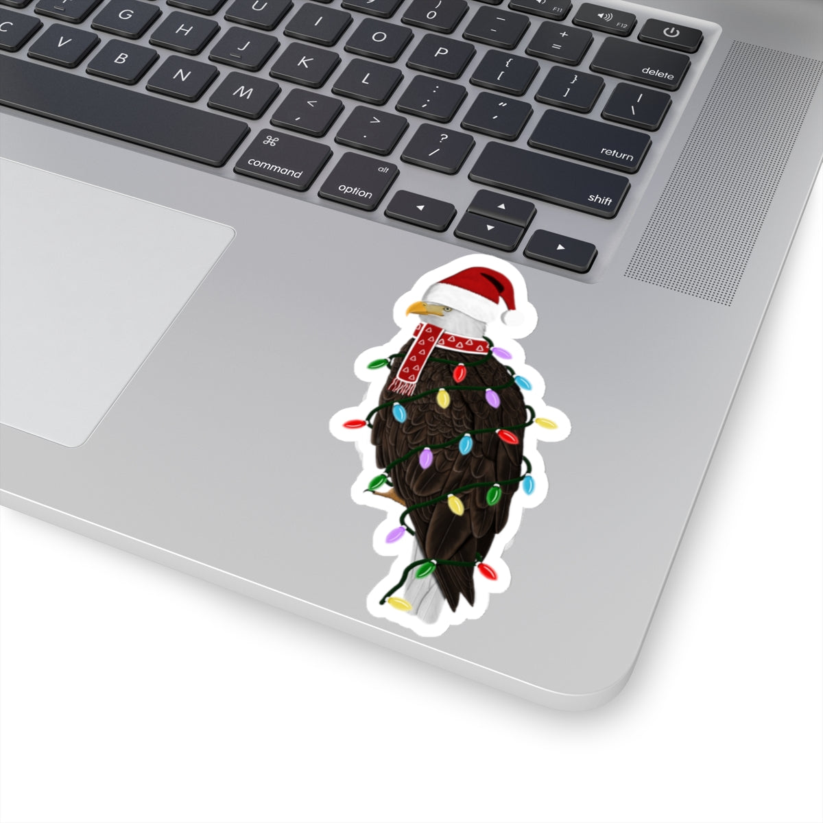 Bald Eagle with Fairy Lights Santa Claus Hat and Scarf Christmas Bird Sticker