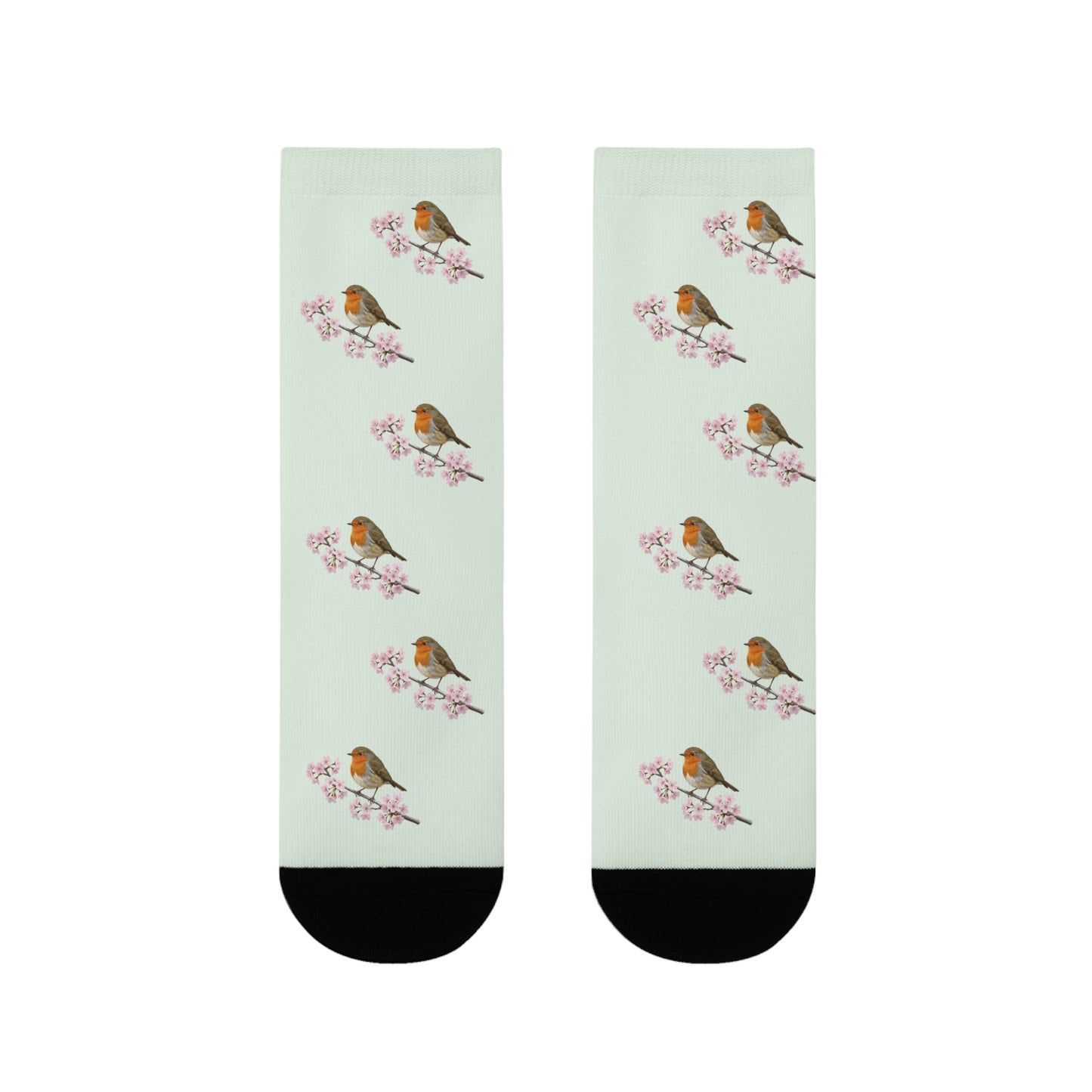 Rotkehlchen & Kirschblüten Socken in Salbeigrün | Weiche Baumwollmix-Socken für Naturfreunde