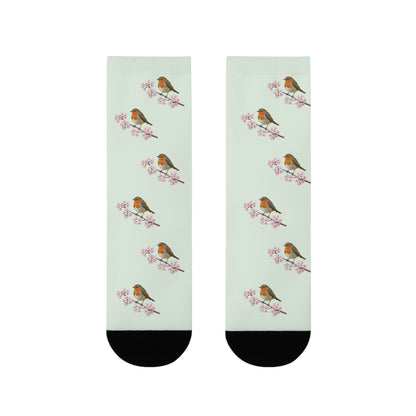 Rotkehlchen & Kirschblüten Socken in Salbeigrün | Weiche Baumwollmix-Socken für Naturfreunde