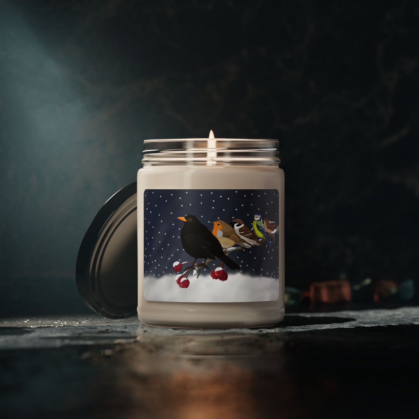 Blackbird European Robin Wren on a Winter Branch Christmas Bird Art Scented Soy Candle, 9oz