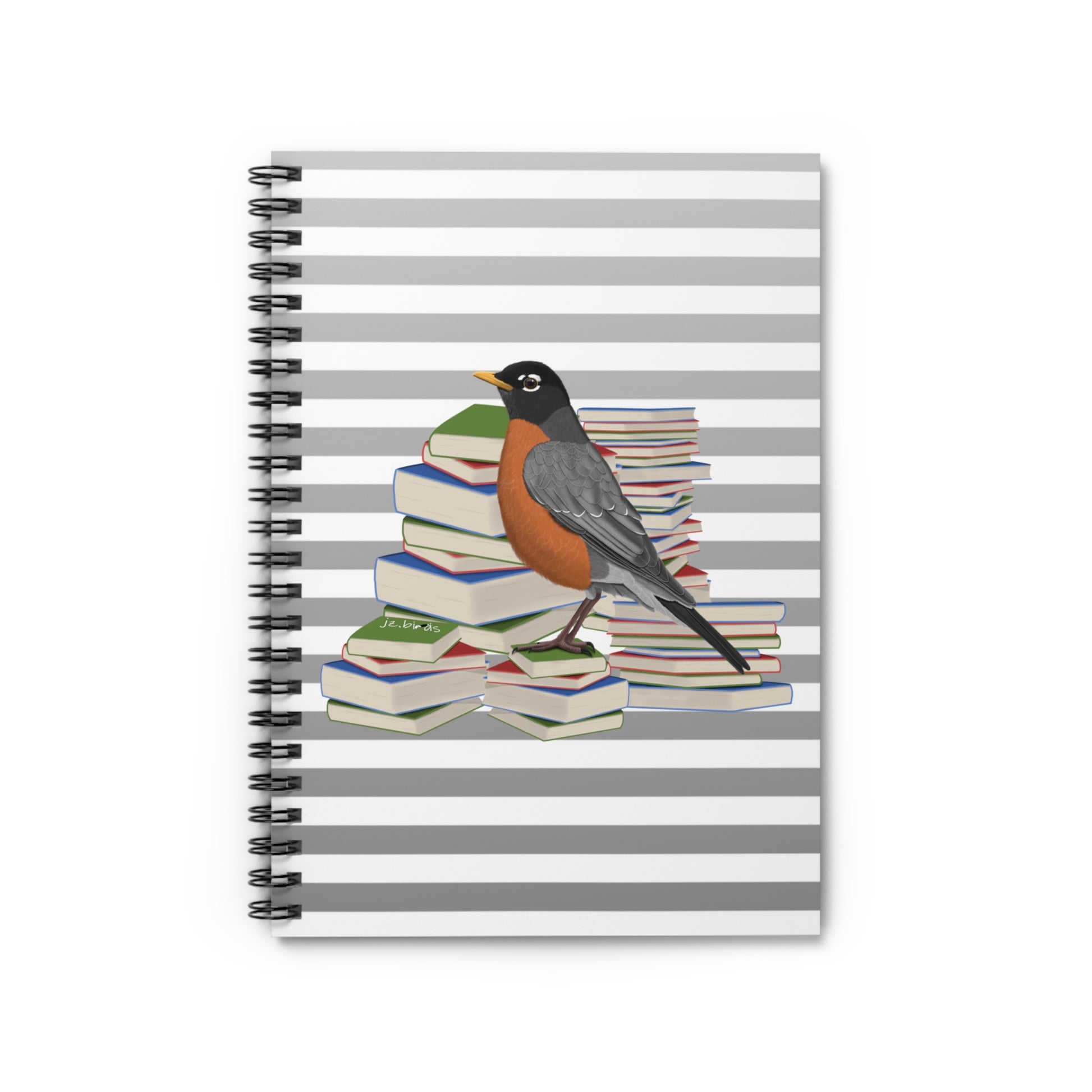 Robin Bird with Books Birdlover Bookworm Spiral Notebook Ruled Line