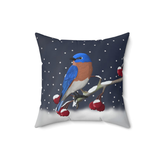 Bluebird on a Winter Branch Christmas Bird Pillow