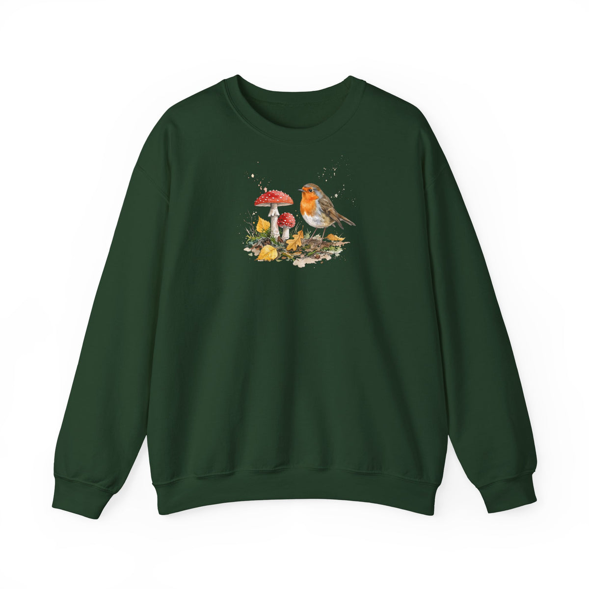 Rotkehlchen Herbst-Sweatshirt – Gemütlicher Pullover mit Herbstlaub & Fliegenpilzen