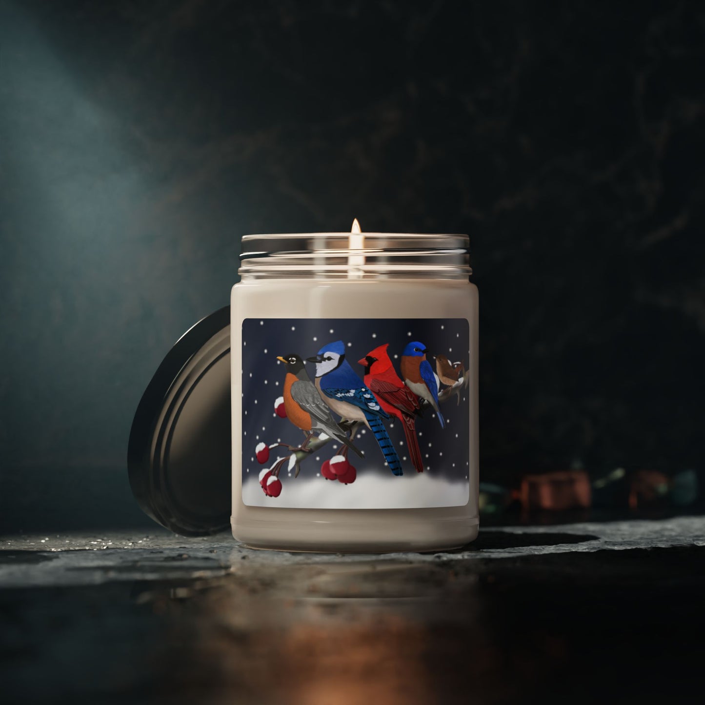 Robin Blue Jay Cardinal Bluebird Wren on a Winter Branch Christmas Bird Art Scented Soy Candle, 9oz