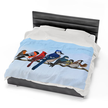 Blue Jay Cardinal Robin Bullfinch Backyard Birds on a Branch Velveteen Plush Blanket Blue