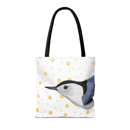 Nuthatch Golden Dots Bird Tote Bag 16"x16" White