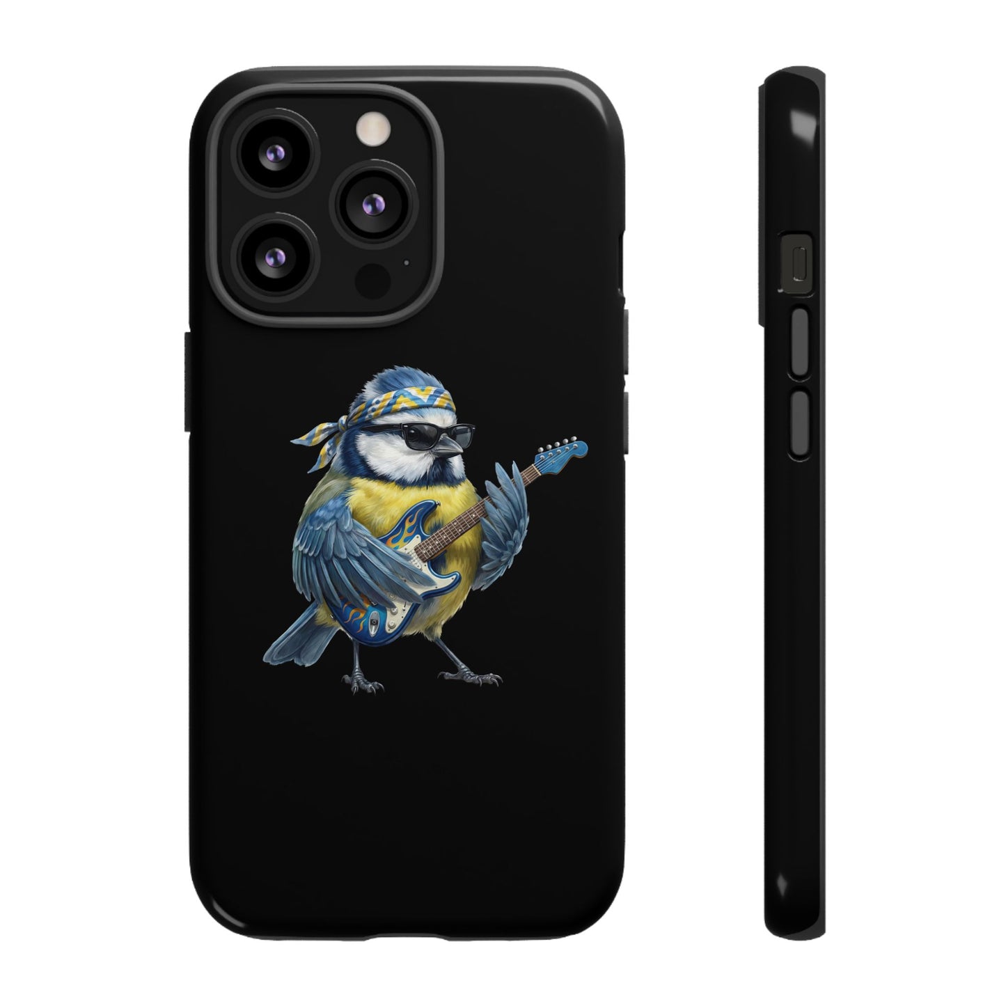 Blaumeise mit Gitarre Premium Handyhülle – Doppelt Geschützt & Rundum Bedruckt Schwarz