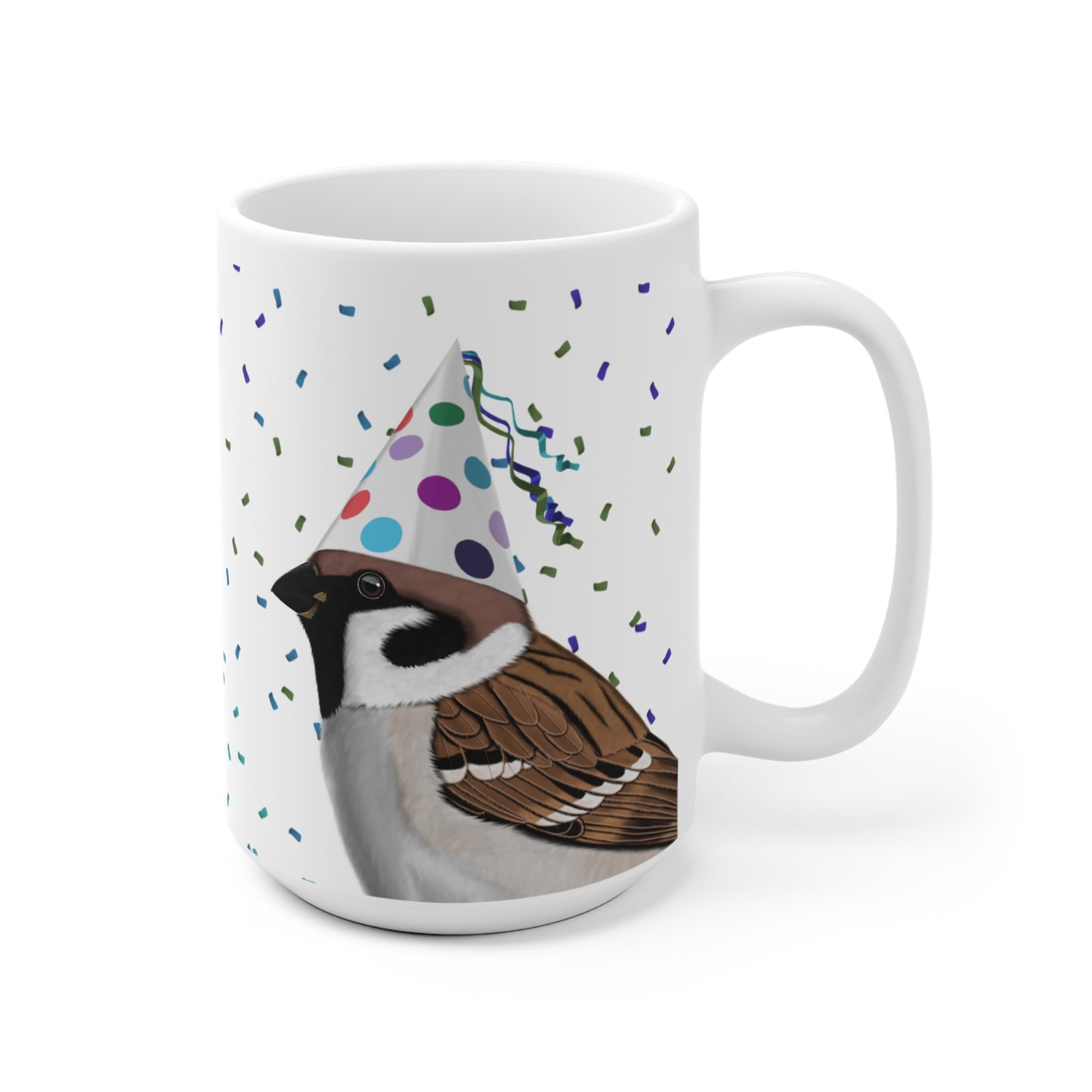 Feldsperling feiert Geburtstag mit Partyhut und Konfetti Vogel Tasse
