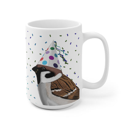 Feldsperling feiert Geburtstag mit Partyhut und Konfetti Vogel Tasse