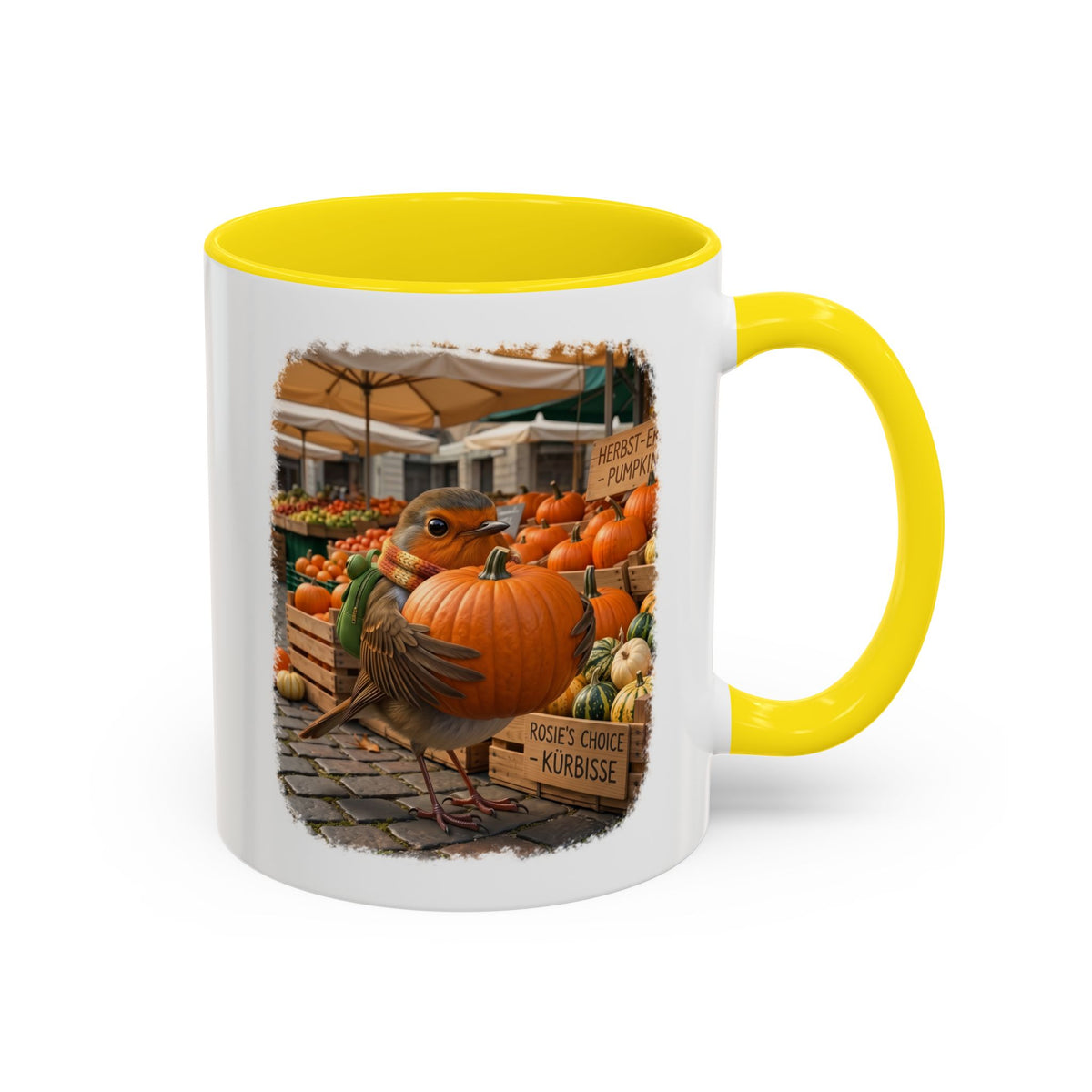 Premium Keramiktasse Rosi Rotkehlchen & der Riesen-Kürbis | 330 ml | Lustiges Geschenk für Vogelfreunde