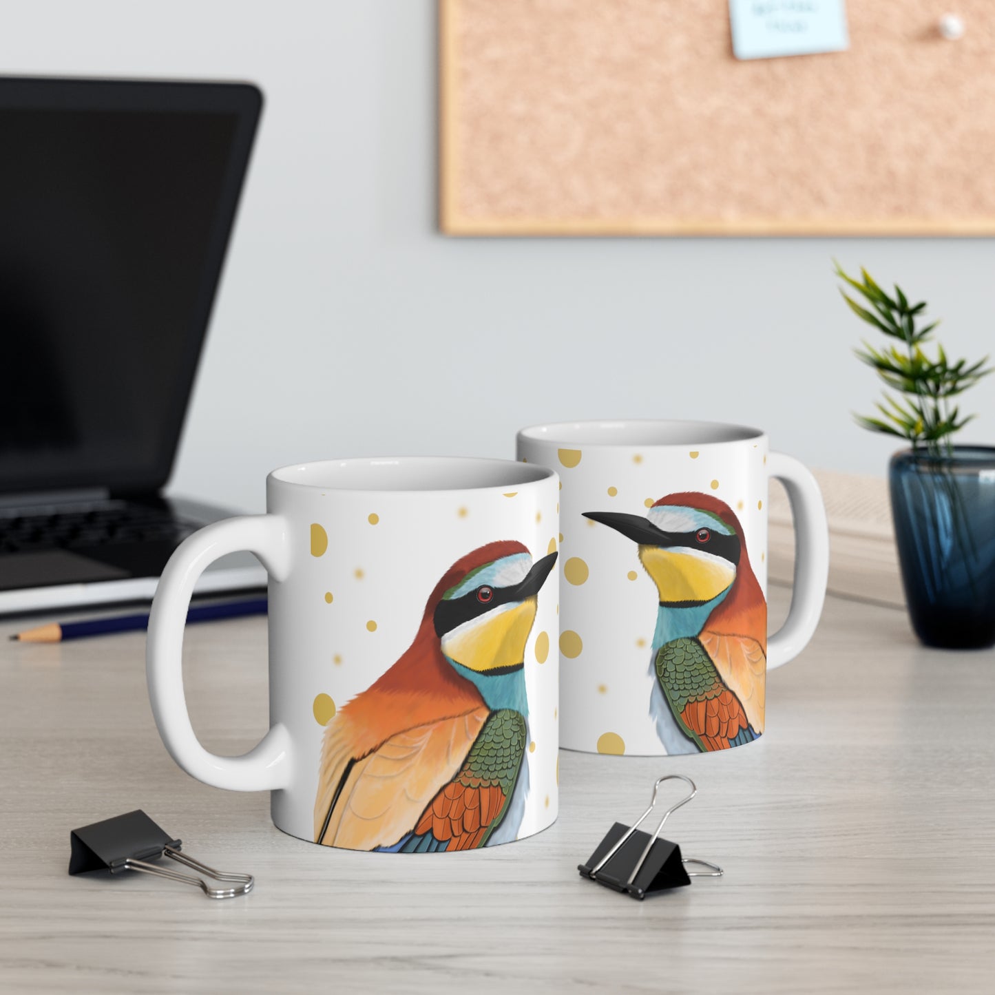 Bee-Eater Bird Ceramic Mug White Golden Dots 11oz