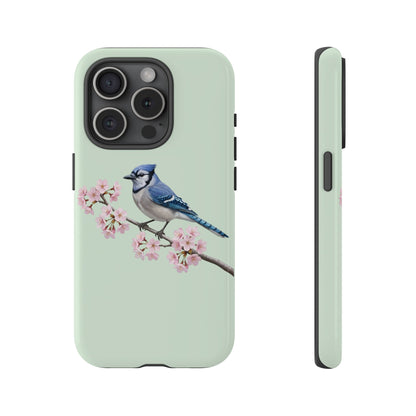Blauhäher Handyhülle in Salbeigrün | Florales Kirschblüten Vogel-Motiv für iPhone & Google Pixel