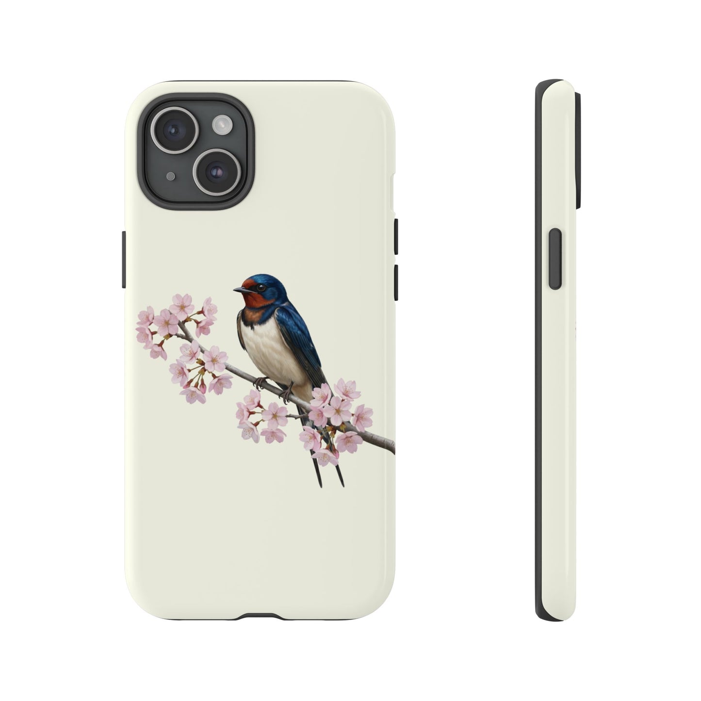 Rauchschwalbe Handyhülle in Cremeweiß | Florales Kirschblüten Vogel-Motiv für iPhone & Google Pixel