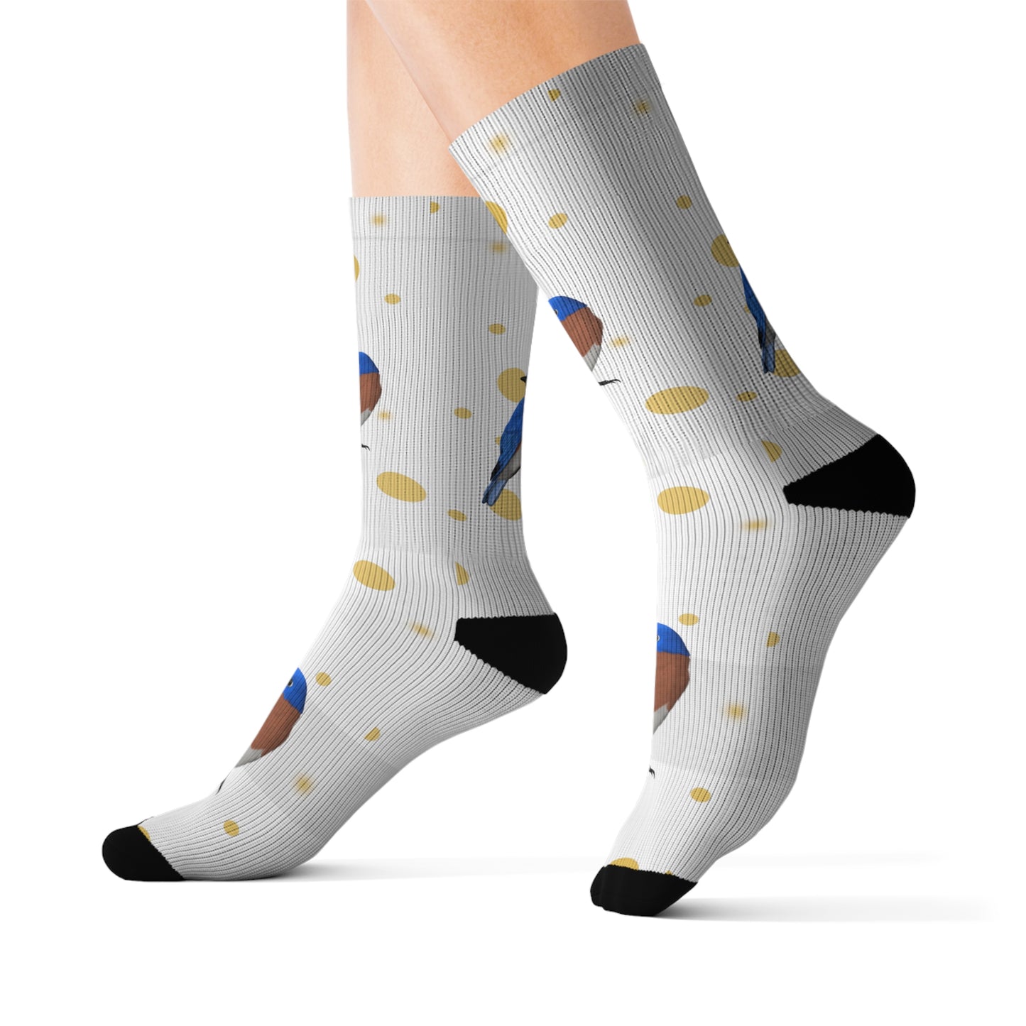 Bluebird Bird Art Socks White and Golden Dots