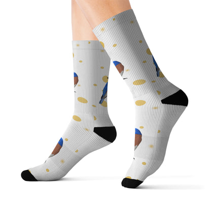 Bluebird Bird Art Socks White and Golden Dots