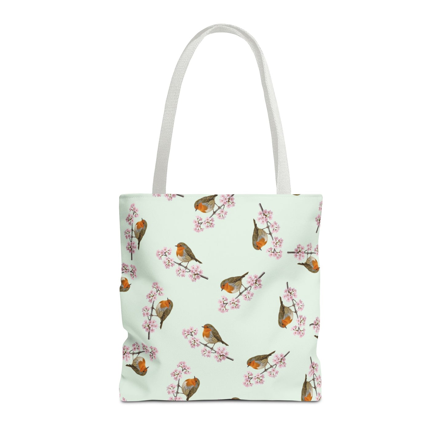 Rotkehlchen & Kirschblüten Tragetasche in Salbeigrün | Stofftasche & Geschenk für Vogelbeobachter