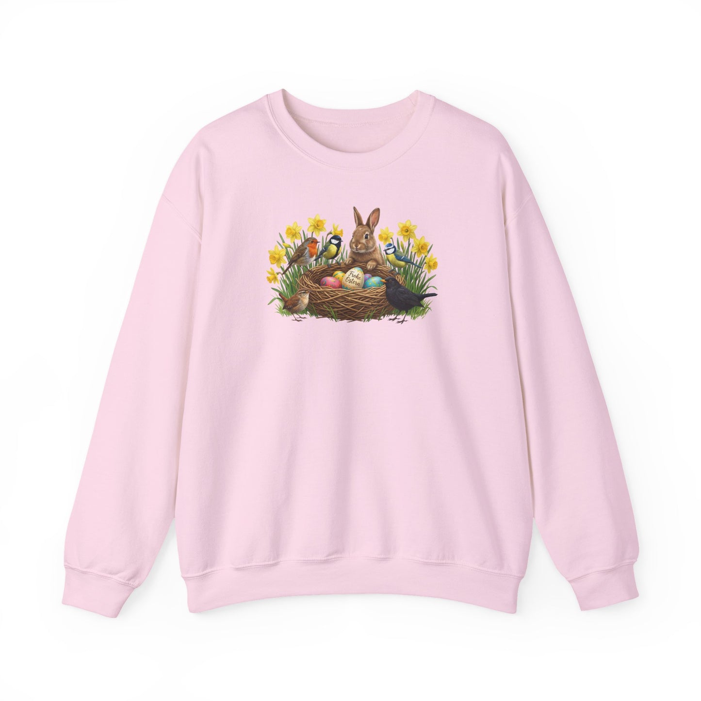 Oster Sweatshirt – Kaninchen & Singvögel am Osternest in Osterglocken | Unisex Pullover