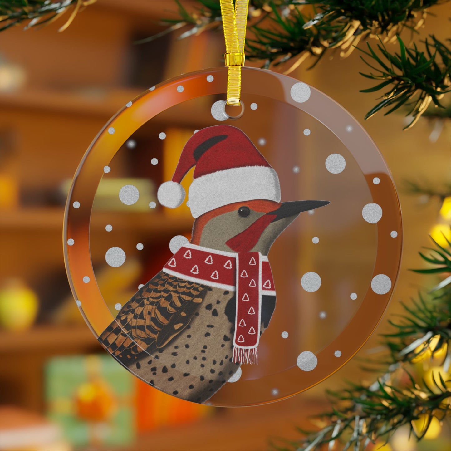 Northern Flicker as Santa Claus Christmas Bird Glass Ornament Transparent