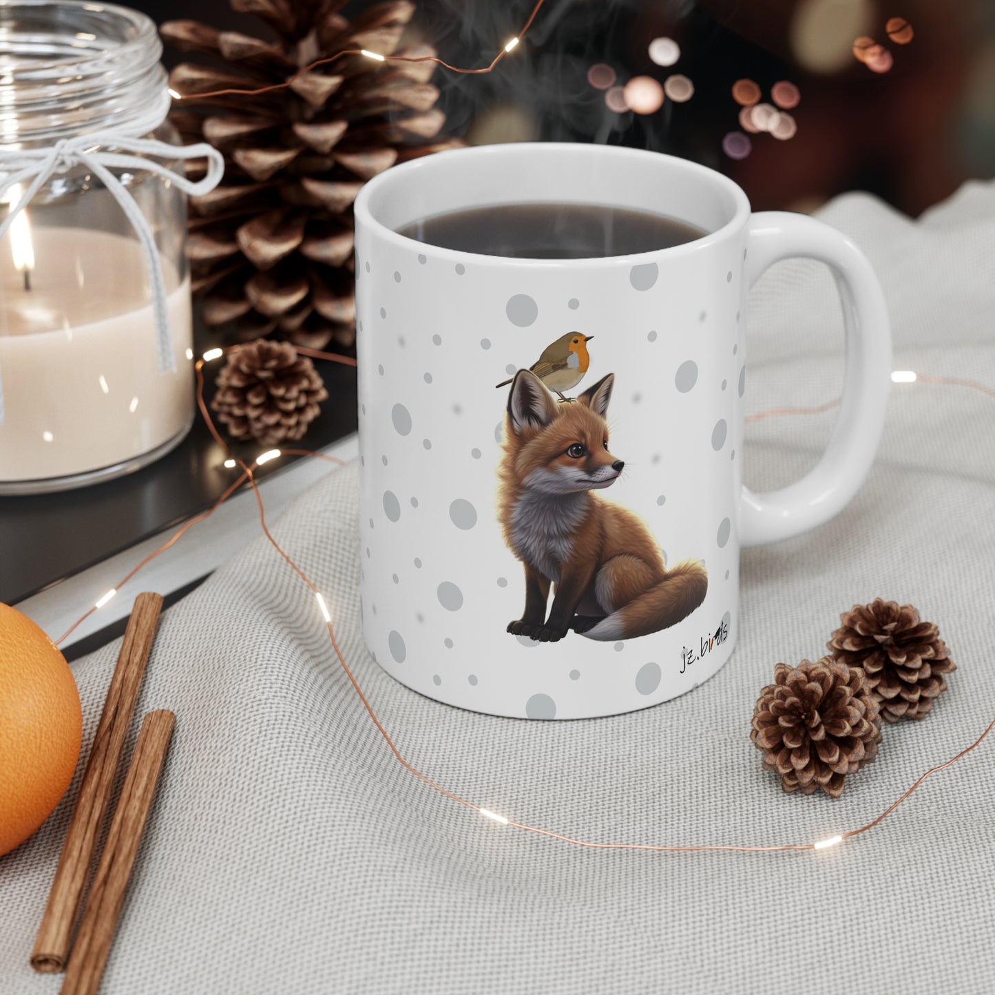 Fox Mug with European Robin Bird for Animal Lovers & Bird Watchers 11oz