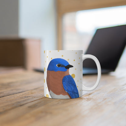 Bluebird Bird Ceramic Mug White Golden Dots 11oz