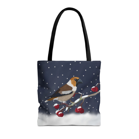 Hawfinch on a Winter Branch Christmas Bird Tote Bag 16"x16"