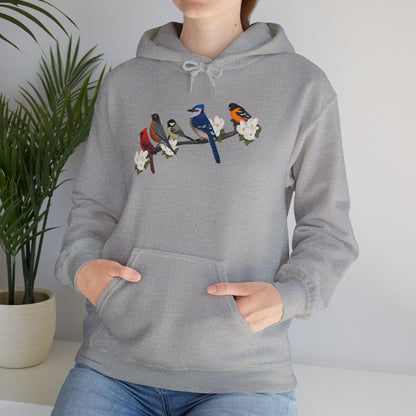 Backyard Birds on a Branch Blue Jay Cardinal Robin Chickadee Oriole Birdwatcher Hoodie