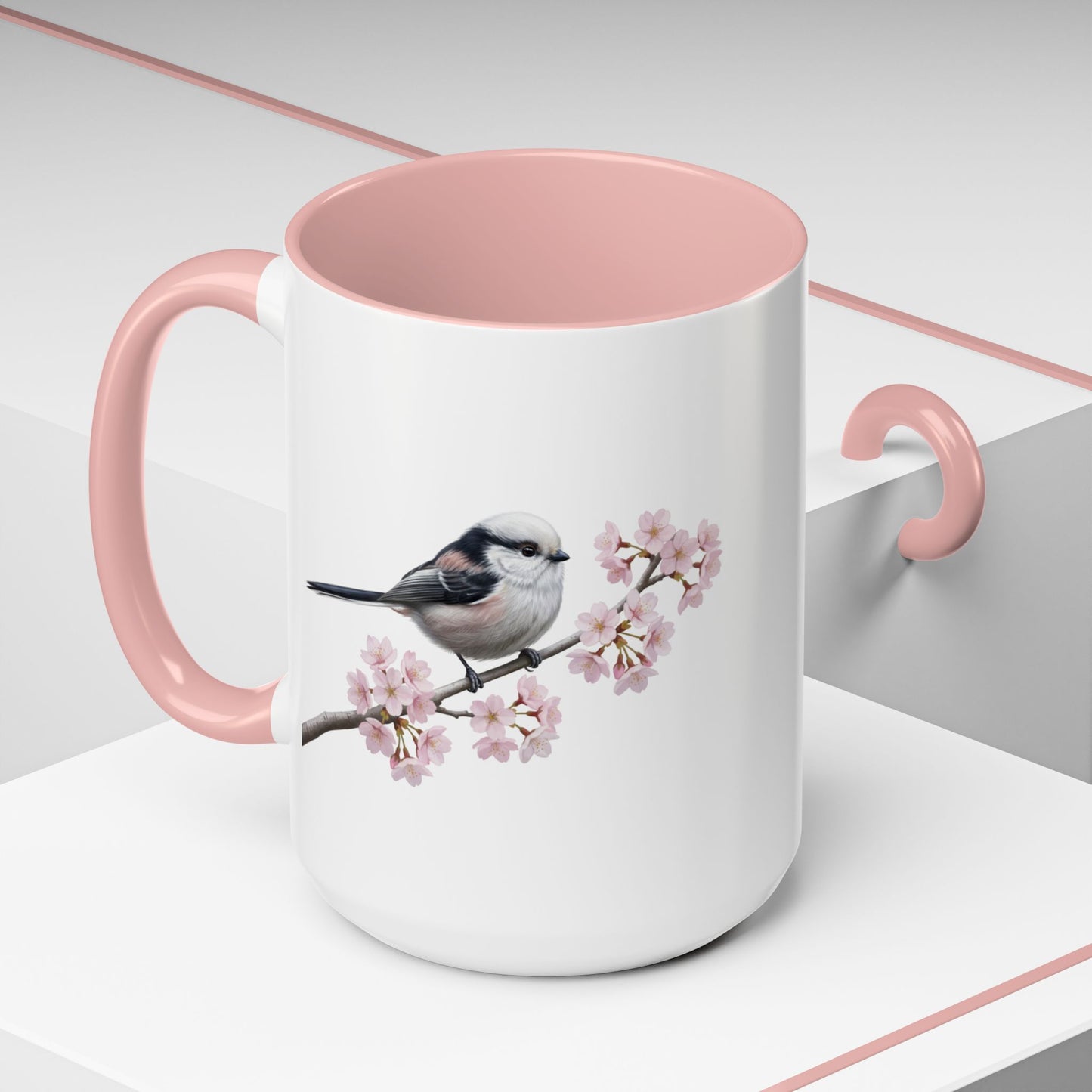 Long Tailed Titmouse Cherry Blossom Mug | Pink Ceramic Coffee Cup for Bird Lovers