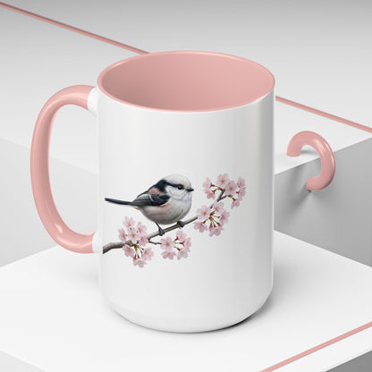 Long Tailed Titmouse Cherry Blossom Mug | Pink Ceramic Coffee Cup for Bird Lovers