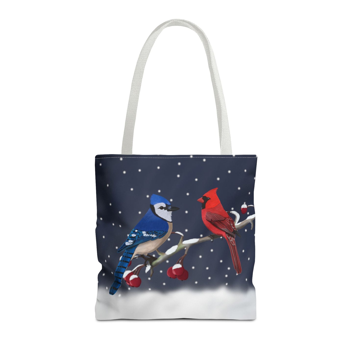 Blue jay and Cardinal on a Winter Branch Christmas Bird Tote Bag 16"x16"