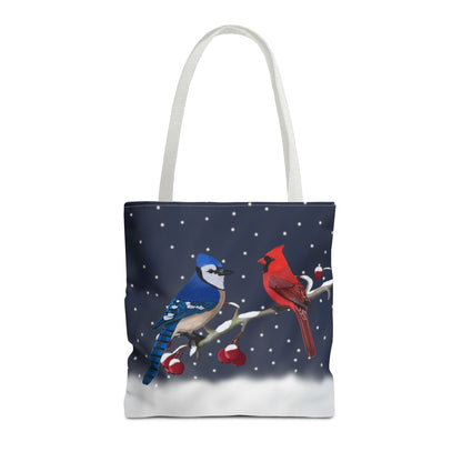 Blue jay and Cardinal on a Winter Branch Christmas Bird Tote Bag 16"x16"