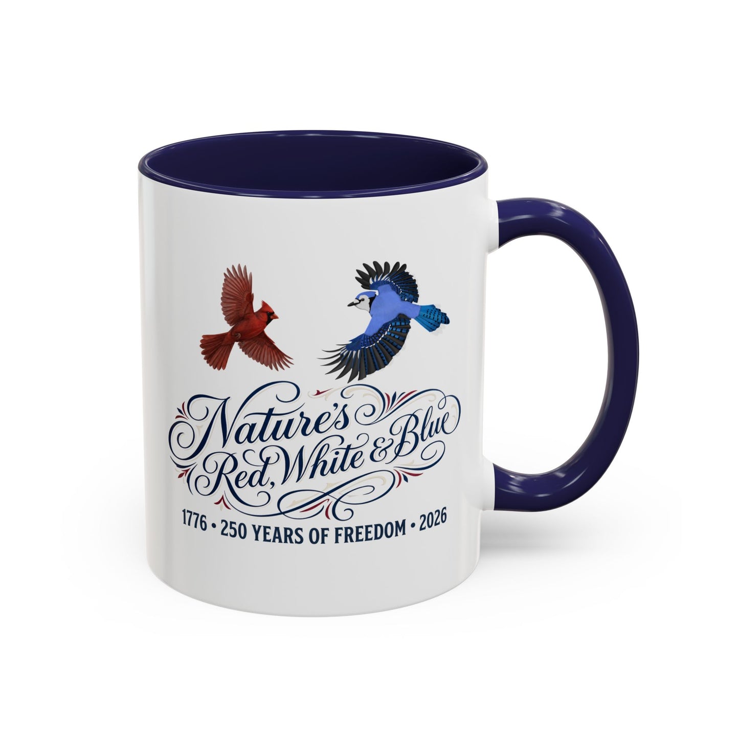 Mug with blue interior and handle, featuring illustrations of a cardinal and a blue jay with text about 250 years of freedom and Nature's Red, White & Blue.
