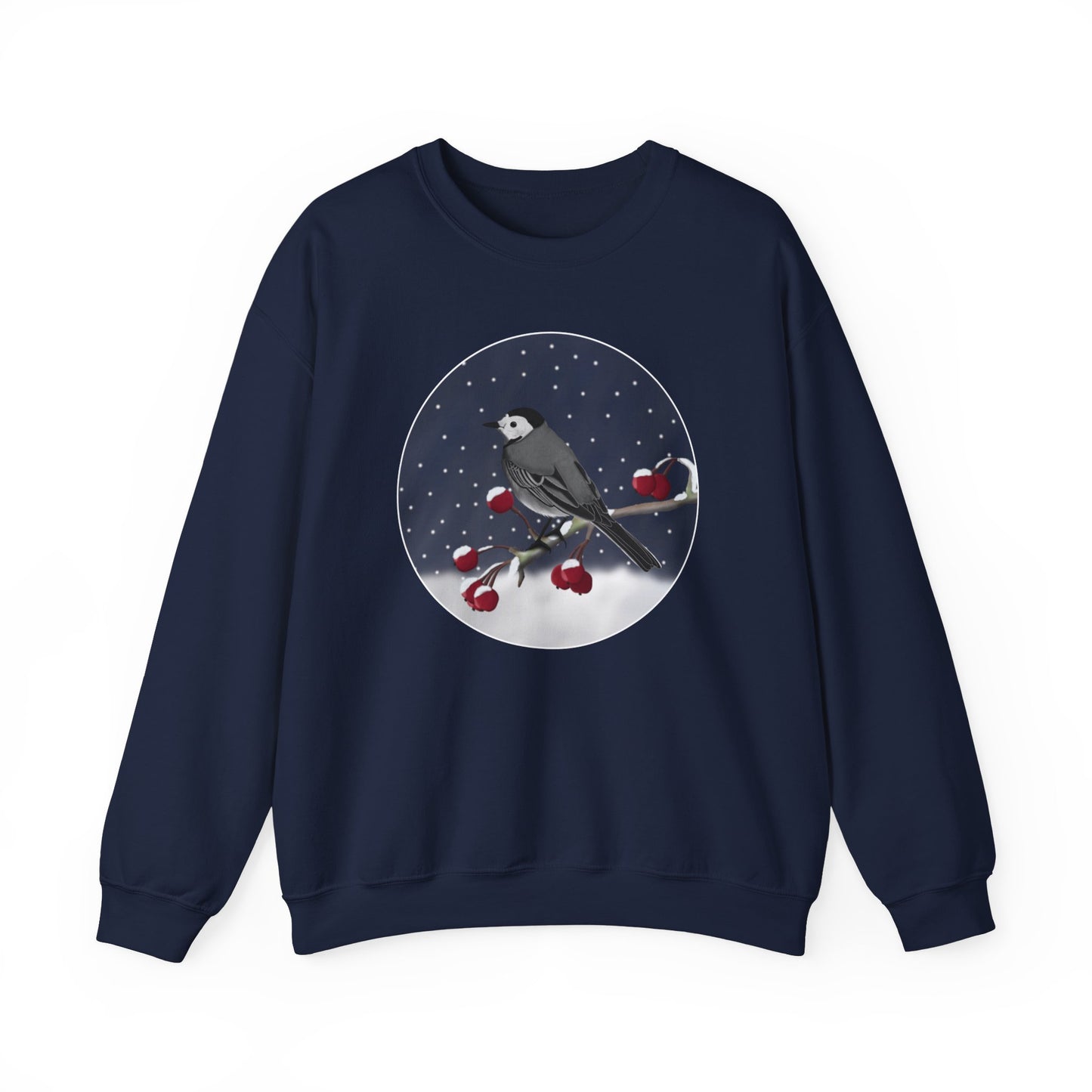 White Wagtail on a Winter Branch Birdwatcher Christmas Bird Sweatshirt