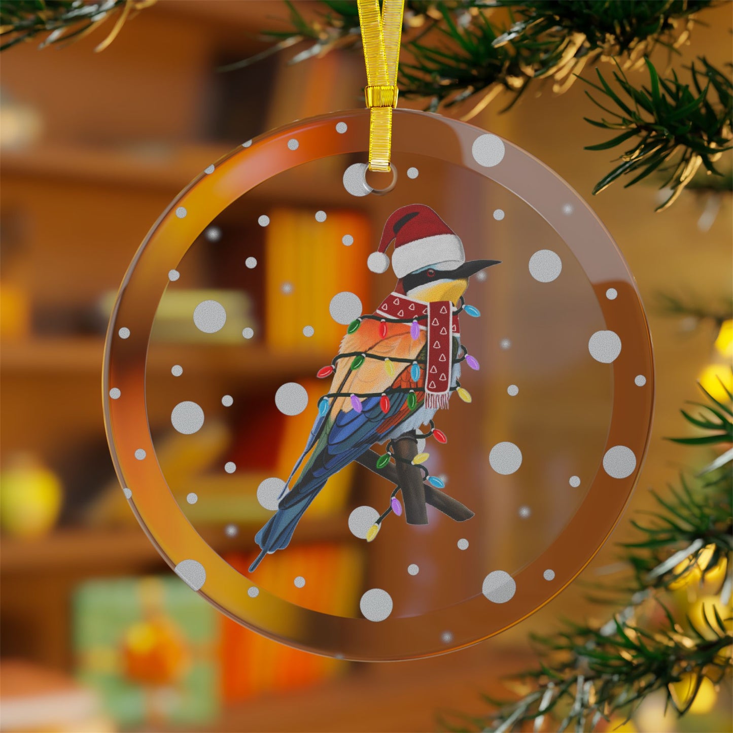 Bee-Eater as Santa Claus with Fairy Lights Christmas Glass Ornament