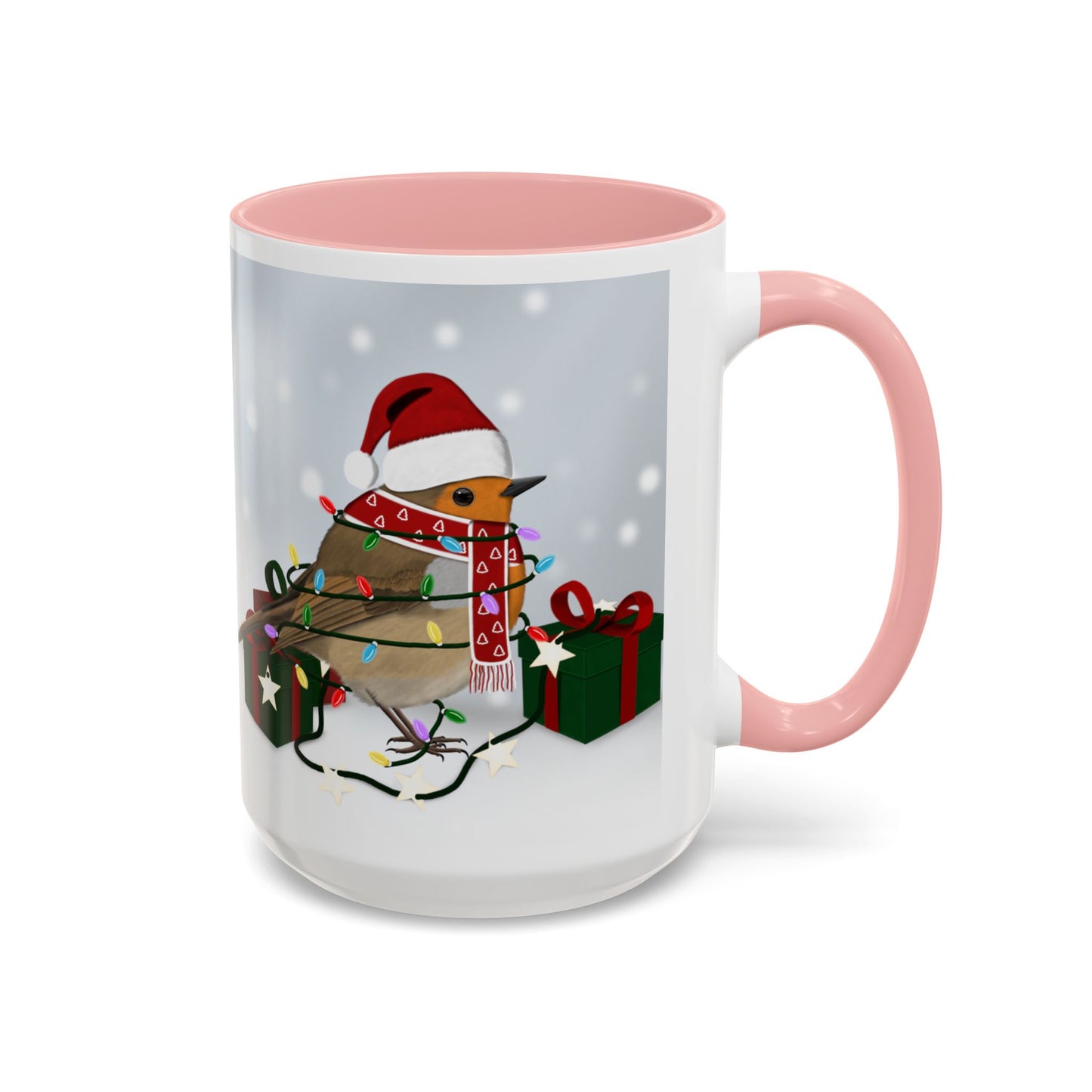 European Robin with Christmas Hat and Scarf Snow Bird Coffee Mug