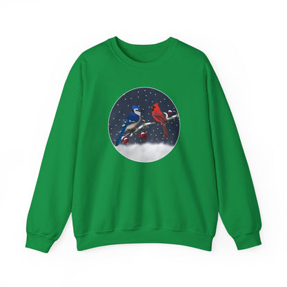 Blue Jay and Cardinal on a Winter Branch Christmas Bird Sweatshirt