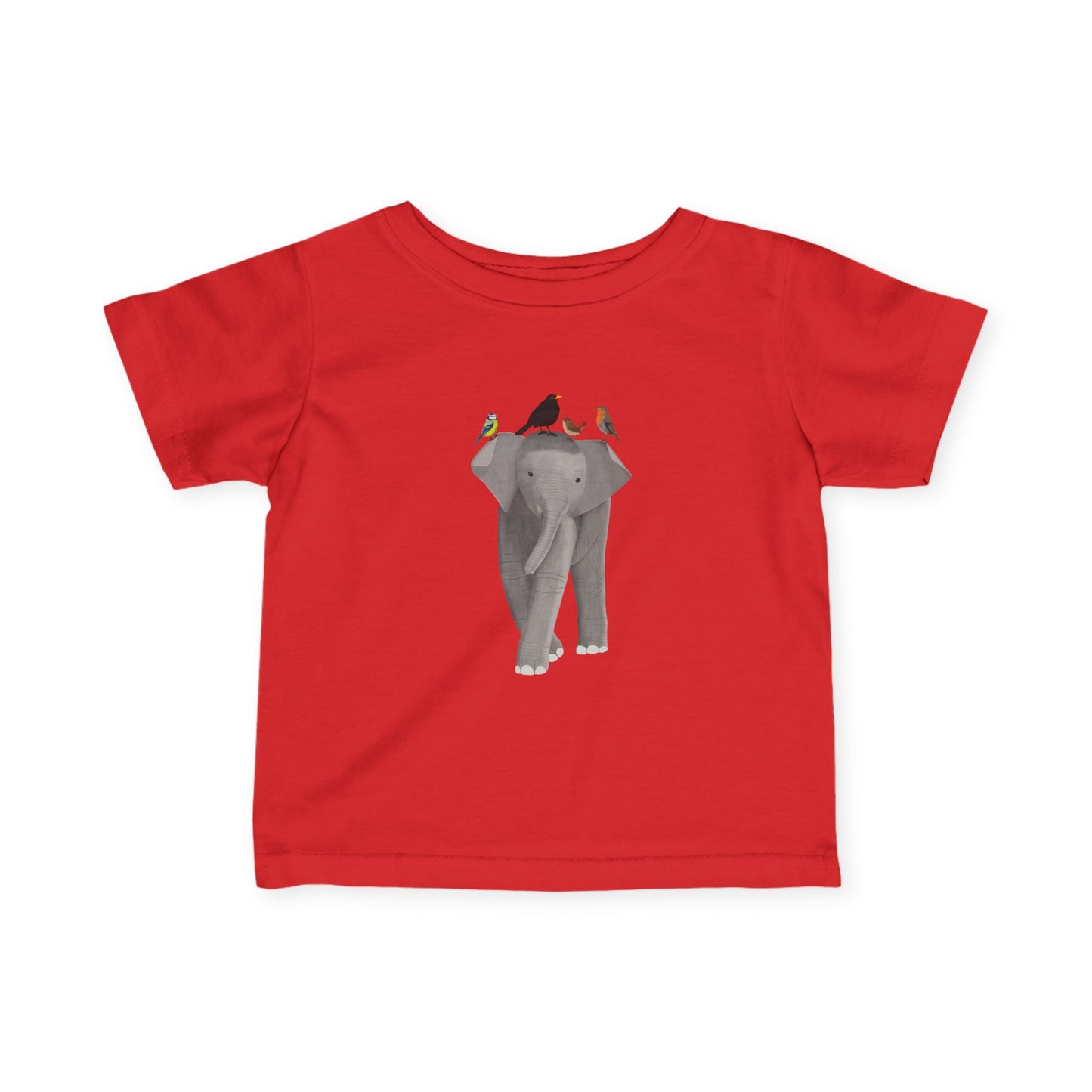 Süßes Elefant mit Amsel Blaumeise Rotkehlchen Zaunkönig Vogel Tiermotiv T-Shirt für Babys und Kleinkinder