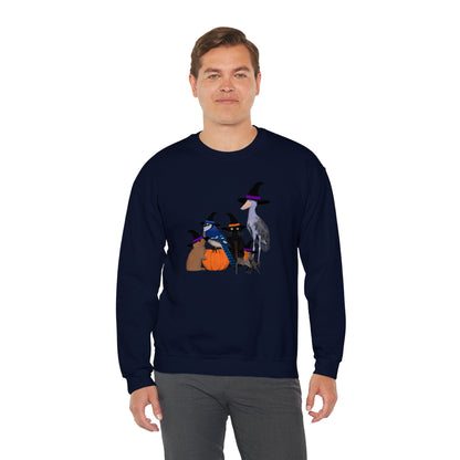 Robin Shoebill Blue Jay Rabbit with Cat Happy Halloween Birds Sweatshirt