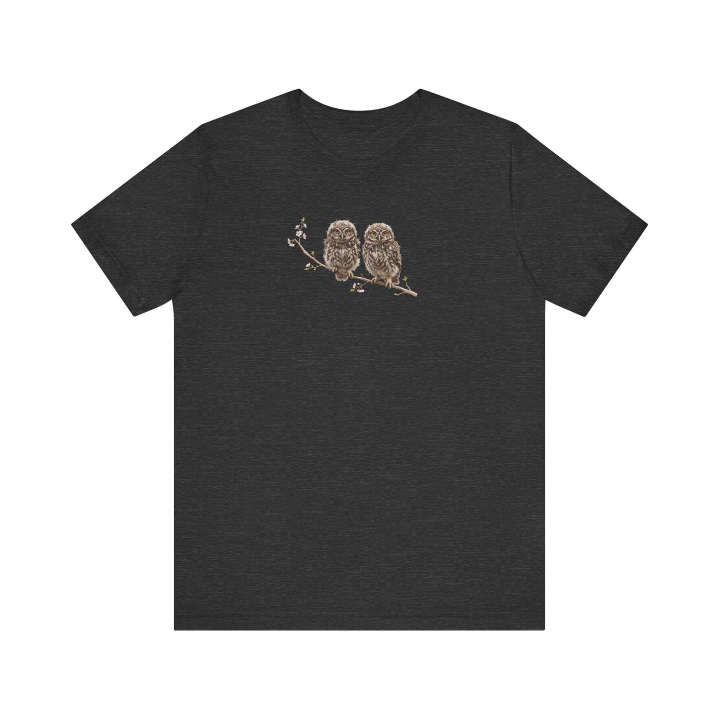 Little Owl Fledgling T-Shirt | Spring Blossoms Unisex Graphic Tee for Bird Watchers