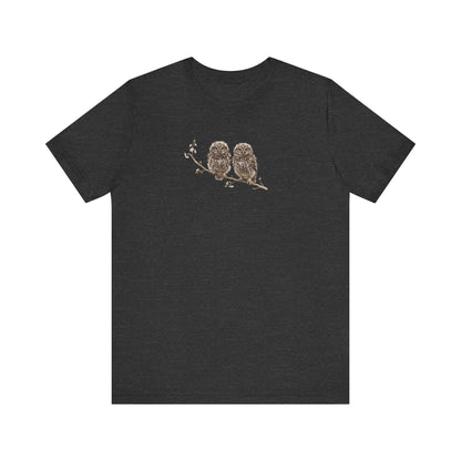 Little Owl Fledgling T-Shirt | Spring Blossoms Unisex Graphic Tee for Bird Watchers