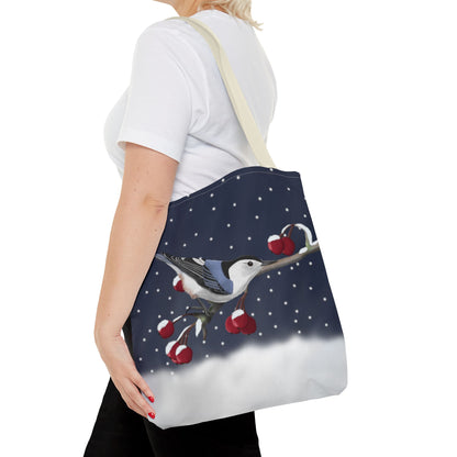 Nuthatch on a Winter Branch Christmas Bird Tote Bag 16"x16"