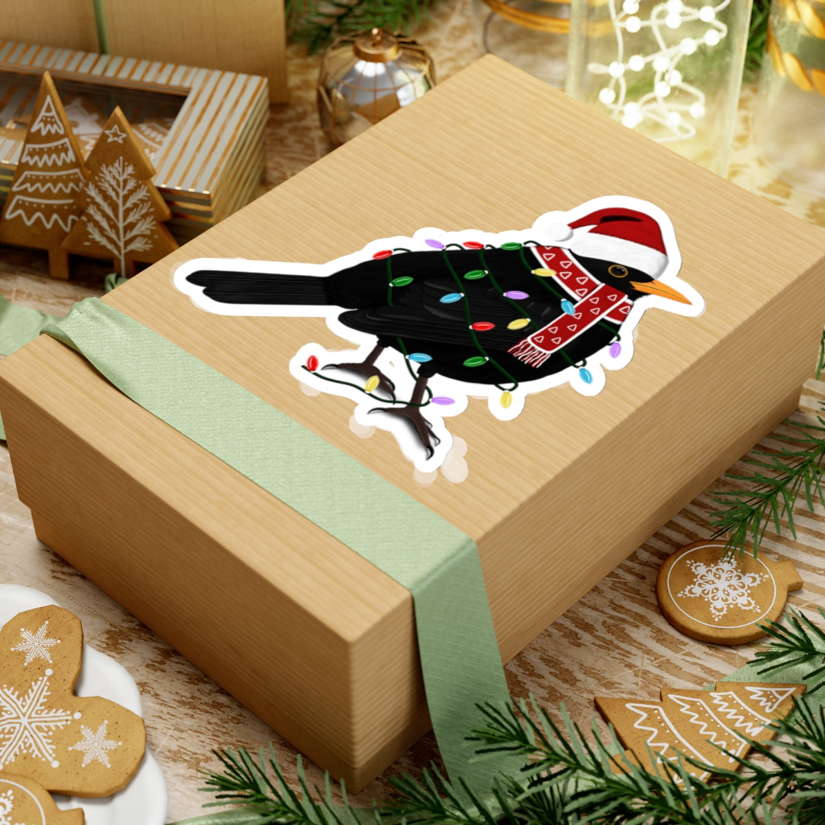 Blackbird with Fairy Lights Santa Claus Hat and Scarf Christmas Bird Sticker